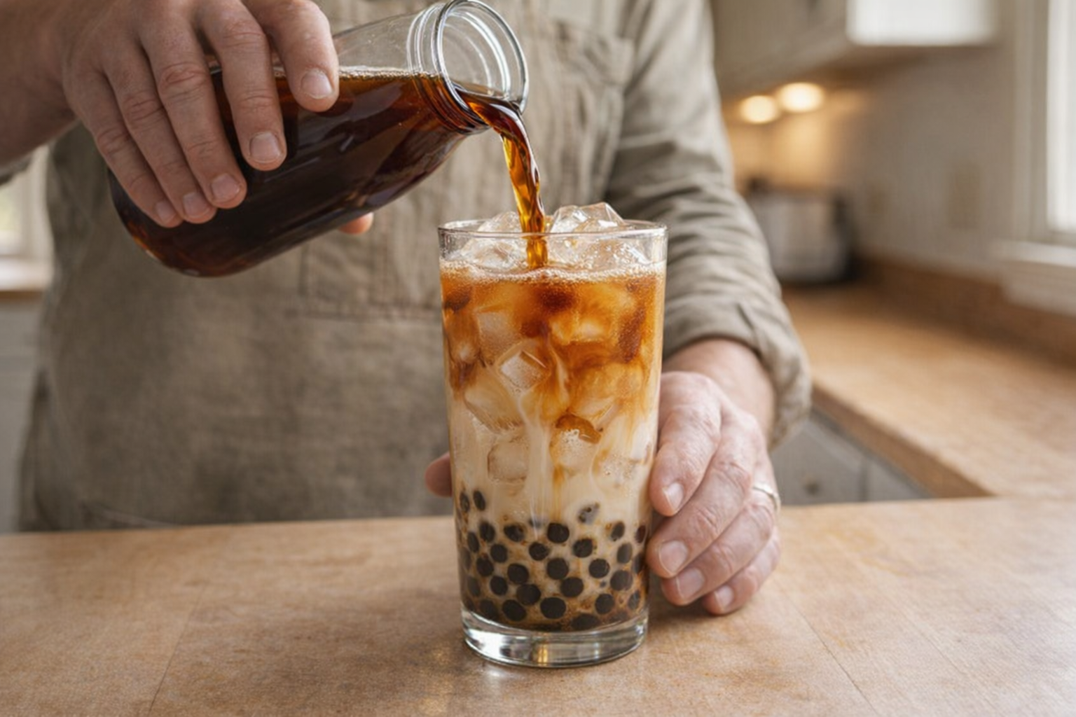 A medium shot of hands pouring iced coffee into a glass filled with tapioca pearls and ice, light reflecting off the glass, bright indoor lighting